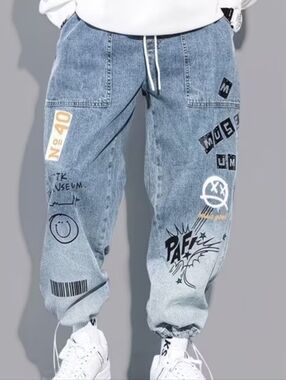 Graphic Light-Wash Denim Joggers with Drawstring